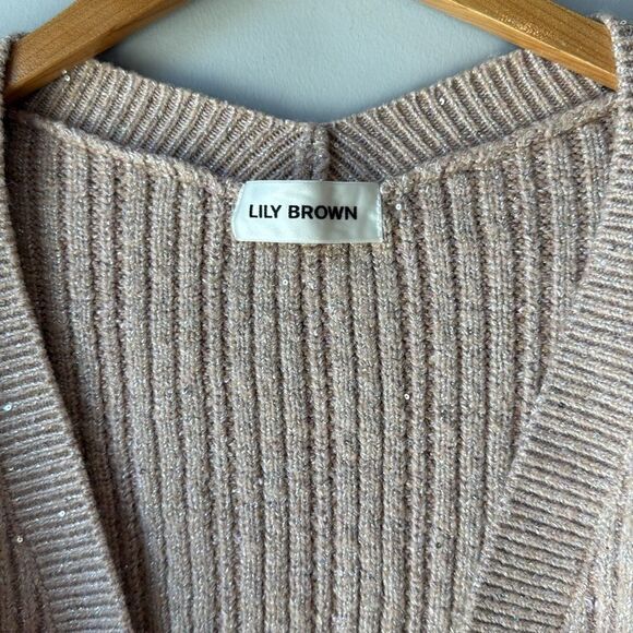 Lily Brown Pink Sparkle Cropped Ribbed Knit Cardigan - Picture 7 of 11